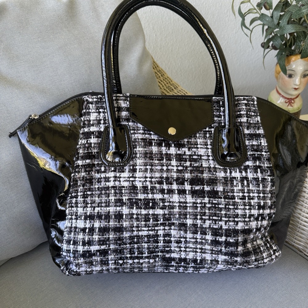 Charming Charlie Tweed & Patent Leather Women's Large Shoulder Bag 19x12 New